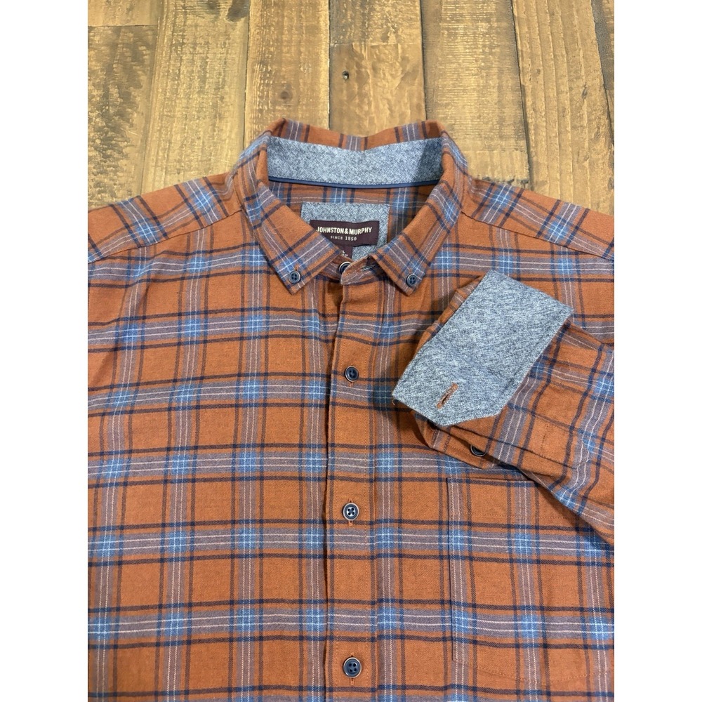 Johnston & Murphy Mens XL Plaid Flannel Button Down Shirt Orange Blue Cotton